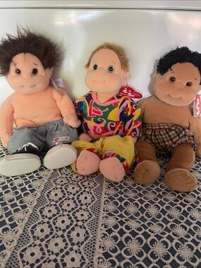 Ty Plush Doll Trio - Brown, Peach, Tan with Colorful Outfit